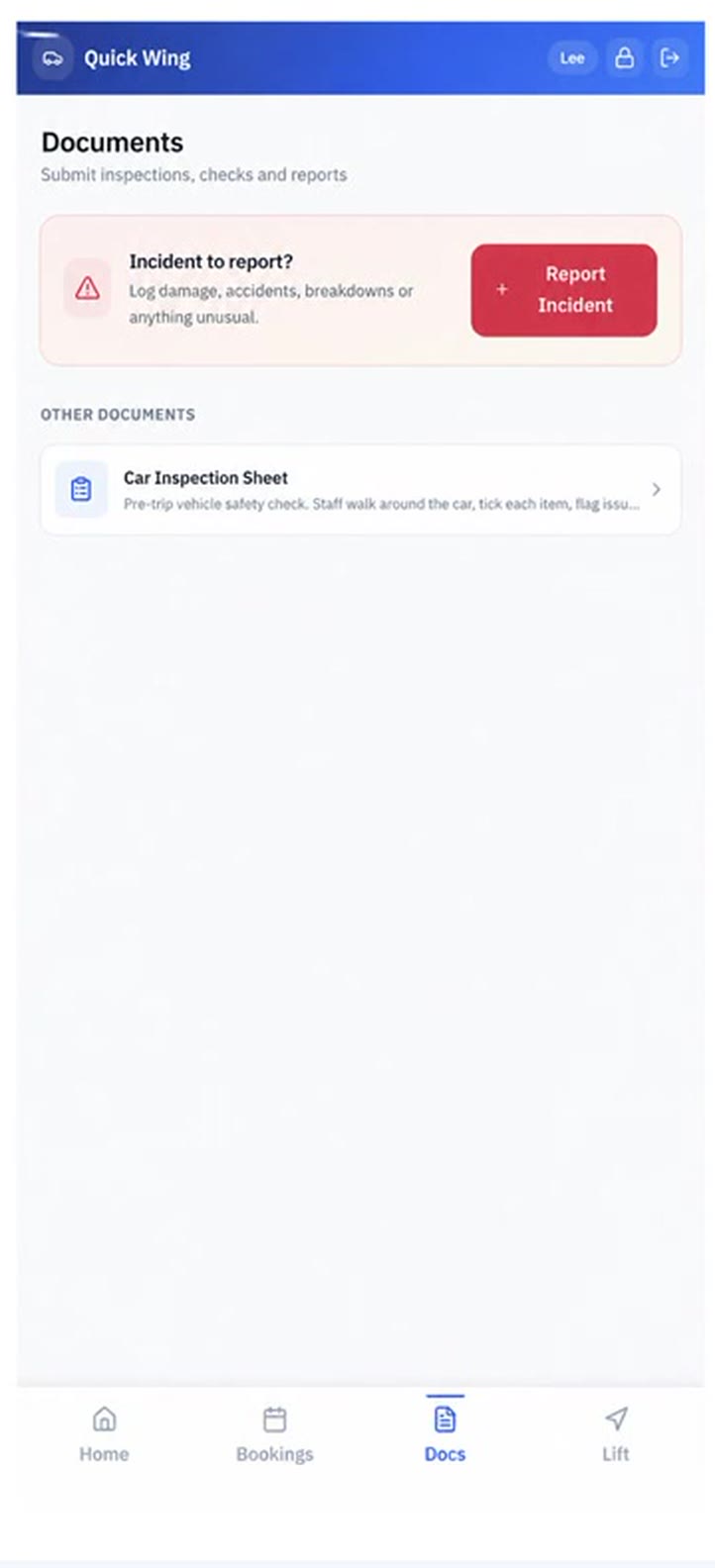 Documents screen with incident reporting